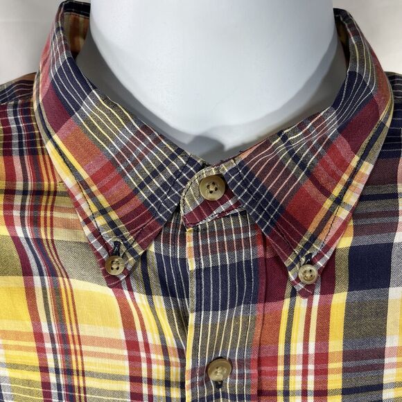 LANDS ENDS BUTTON DOWN LONG SLEEVE SHIRT MENS LARGE TALL YELLOW PLAID RED RIPPED - Picture 5 of 14